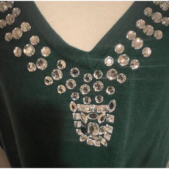 IMAN 2X Green Rhinestone Embellished Tunic Sweater Cashmere Blend NWT - Picture 4 of 12